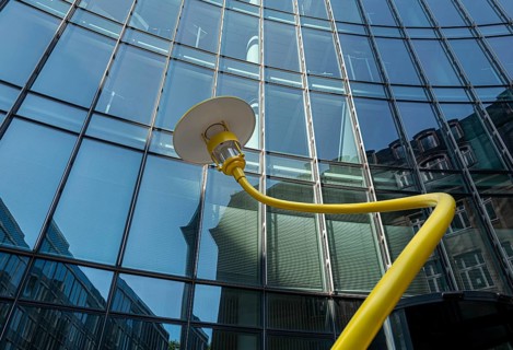 Street lamp, modern lamp design in front of an office building, Frankfurt, Hesse, Germany, Europe