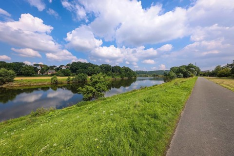Hattingen, North Rhine-Westphalia, Germany - Landscape on the Ruhr, Ruhr promenade with Ruhr Valley