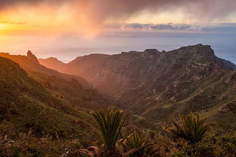 View of the Barranco Juan de Vera at sunrise. Mountains, palm trees, rocks and sea. Near Mirador