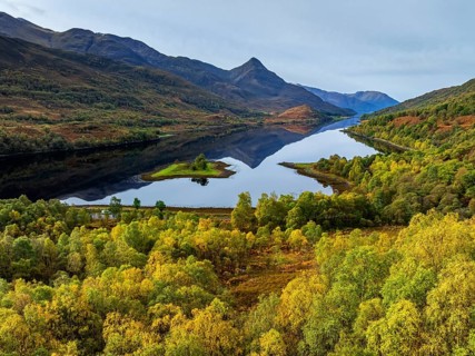 Fjord, coast, mountain landscape, reflection, island, autumn, autumn colours, aerial view, Loch