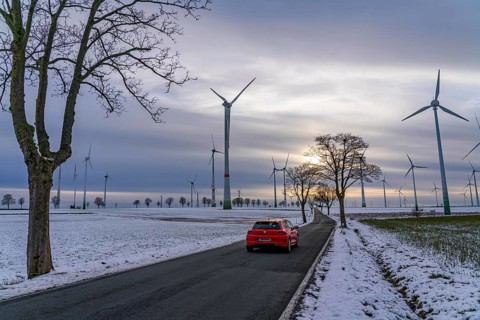 Country road, wind farm, north of Lichtenau, self-proclaimed energy town, over 190 wind turbines
