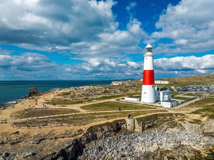 Portland Bill Lighthouse from a drone, Portland Bill, Isle of Portland, Dorset, England, United