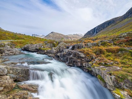 View of Valldalen valley and Reinheimen National Park, long exposure, autumn, mountains, Valldøla