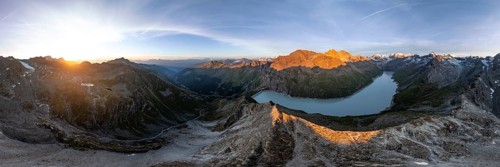 Alpine panorama at Lac de Dix, sunset in the mountains, reservoir, Valais Alps, Valais,