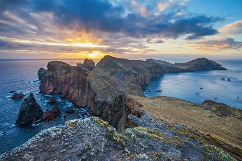 Madeira Island scenic rugged landscape, Ponta do Sao Lourenco cape on sunrise, Abismo viewpoint.