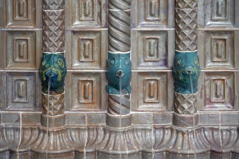 Art Nouveau ceramic fountain made of majolica tiles in the fountain house, detail, Kissingen spa,