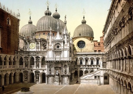 A court in the Doges' Palace, Venice, Italy, Historic, digitally restored reproduction from a 19th