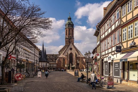 Half-timbered houses on the market square and St Jakobi market church, Einbeck, Northeim district,