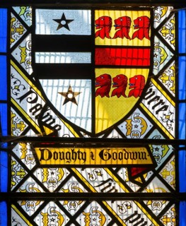 Stained glass window Doughty family crest by Thomas Willement c 1843, Theberton church, Suffolk,