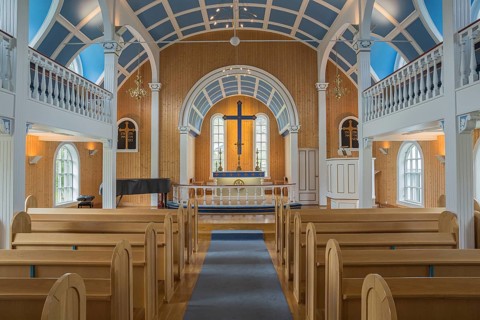 Inside the blue Church in Seydisfjördur, East Iceland