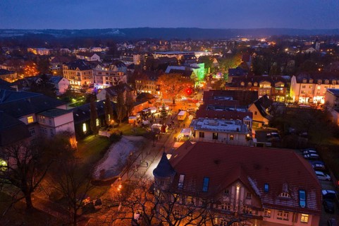 Aerial view of the Christmas market on Wettinplatz, Coswig, Saxony, Germany, Europe