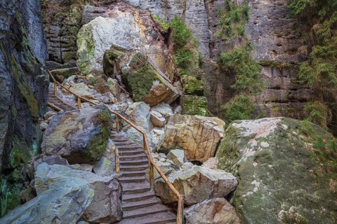 Stairway at the Schwedenlöcher, a narrow gorge of the Amselgrund near the village of Rathen in