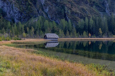 Boatshelter at Lake Stappitz in first morning light, Seebach valley, Mallnitz, Carinthia, Austria,