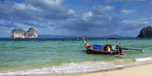 Longtail boat on the beach, Koh Ngai Island, Andaman Sea, Satun Province, Southern Thailand,