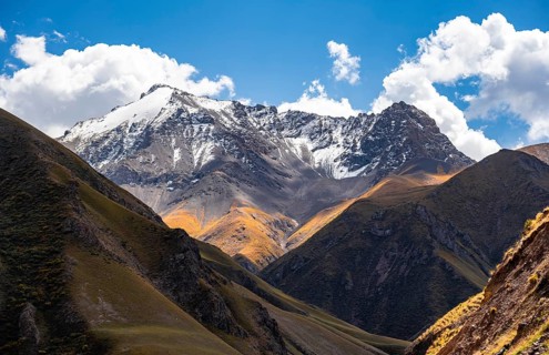 Picturesque mountain landscape with white mountain peaks, Tian Shan Mountains, Issyk-Kul,