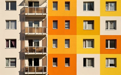 Geometrically and colourfully designed apartment buildings of a housing association, Halberstadt,