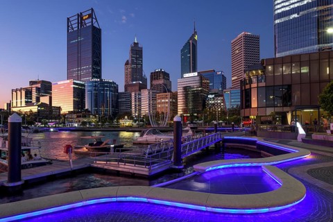 Skyline at Elisabeth Quay, blue hour, blue hour, harbour, Perth, State of Western Australia,