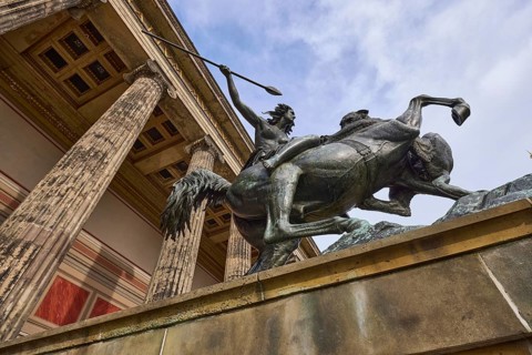 Equestrian statue against cloudy sky and Altes Museum, Berlin, capital, independent city, federal