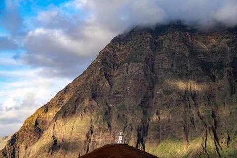 Bell tower of the church of Nuestra Senora de Candelaria in the valley of El Golfo, La Frontera, El