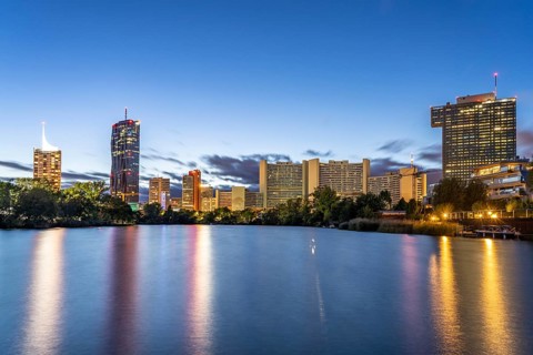 Kaiserwasser, UNO-City and the skyline of Donau City at dusk, Vienna, Austria, Europe