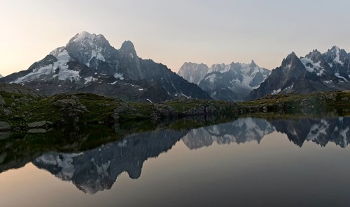 Dusk at the Lacs des Chéserys mountain lake in the Aiguilles Rouges nature reserve, with the
