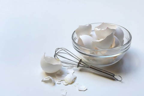 Egg shells in glass bowl and whisk