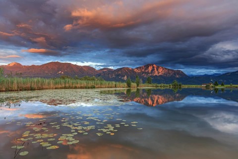 Mountains reflected in lake, cloudy mood, evening light, peace, silence, Loisach-Lake Kochel moor,