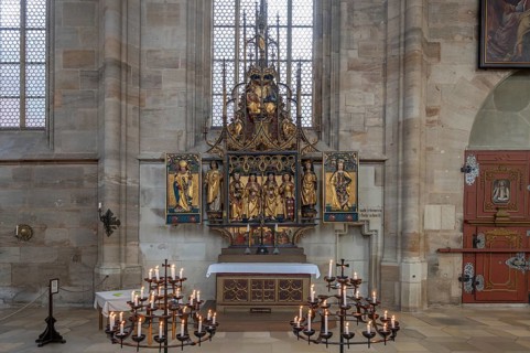 Trinity altar from 1470 in the late Gothic hall church of St George, Dinkelsbühl, Bavaria, Germany,