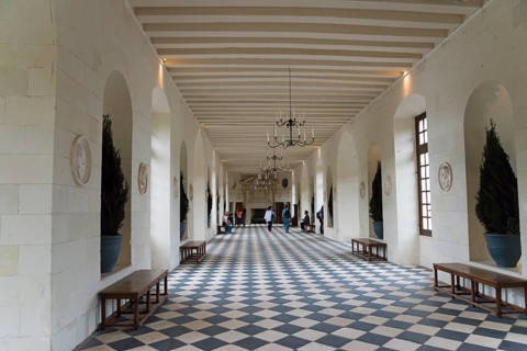 Daylight-flooded hall with vaulted ceilings and geometric tile patterns, gallery, Chenonceau
