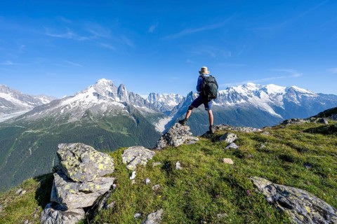 Mountaineers in front of a mountain panorama, mountain peaks Aiguille Verte, Grandes Jorasses and