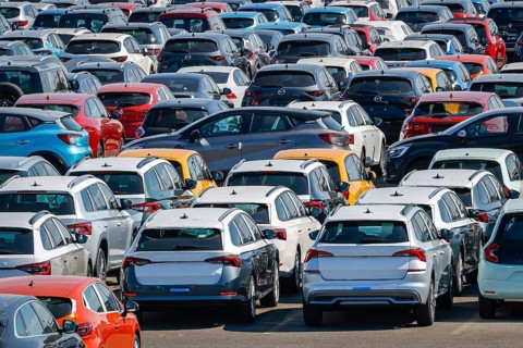 Duisburg, North Rhine-Westphalia, Germany - New cars, transhipment centre, car terminal in Duisburg