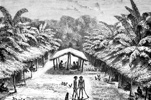 Native village on the Gabon River, open huts, people sitting in the shade, tropical climate, palm