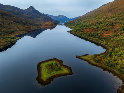 Fjord, coast, mountain landscape, reflection, island, autumn, aerial view, Loch Leven, Scotland,