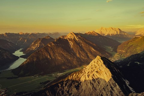 Thaneller summit at sunset in the Lechtal valley in Tyrol with a wonderful view of the surrounding