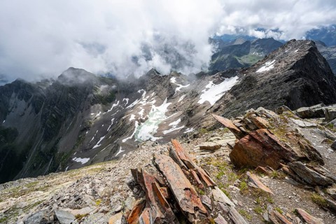 Cloudy mountain landscape at the summit of Lasörling, view to Berger Kees and mountain peak