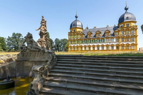 Park side of the castle and staircase at the cascade with Hercules group by Ferdinand Tietz, castle