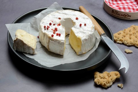 French soft cheese on plate with cheese knife, France, Europe