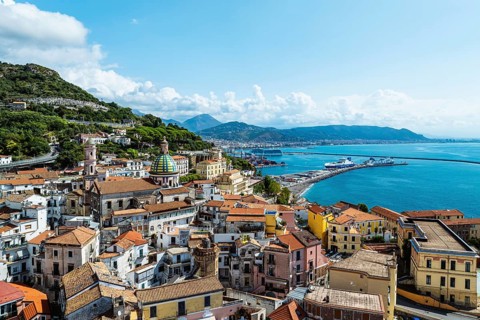 Vietri sul Mare from a drone, Amalfi Coast, Salerno, Campania, Italy, Europe