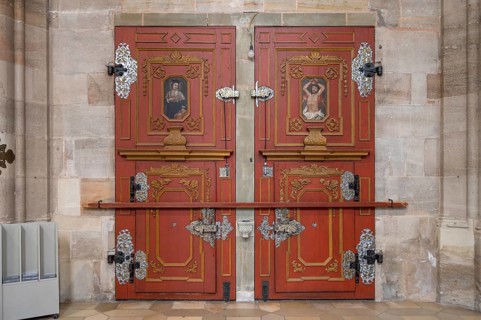 The rectory portal in the late Gothic hall church of St George, Dinkelsbühl, Bavaria, Germany,