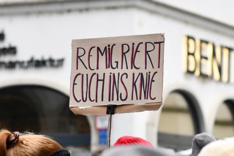 Heidelberg, Germany - February 12th 2025: Protest sign against 'remigration at protest against