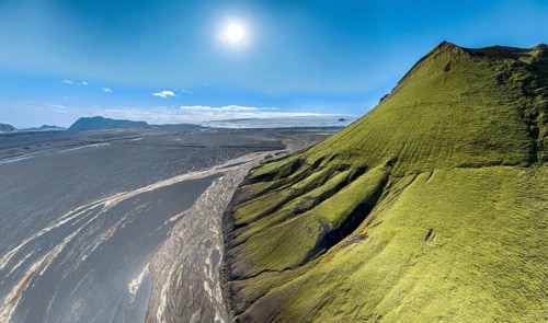 Aerial view, Mælifell mountain covered with moss, Maelifell, black sand desert Mælifellssandur,