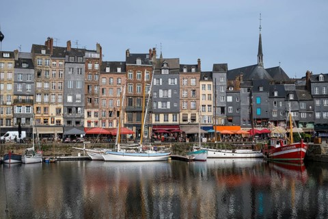 Honfleur, Normandy, France - Boats on the Quai Sainte-Catherine in the old harbour, Vieux Bassin,