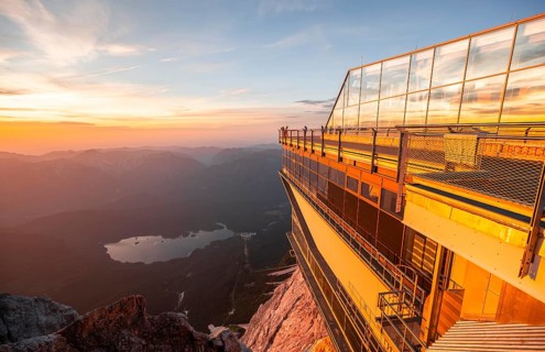 Modern mountain station of the Bavarian Zugspitze railway at the summit of the Zugspitze, view of