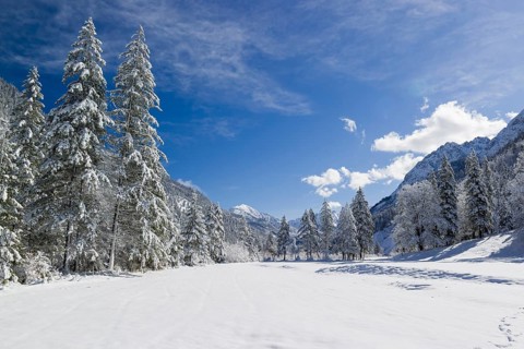 Eng valley in winter. Snow covered landscape with the Riss creek flowing through. Some hoar frosted