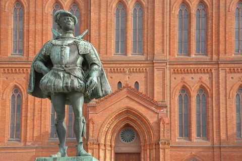 Statue of William I Prince of Orange and Count of Nassau 1533-1584 in front of the neo-Gothic