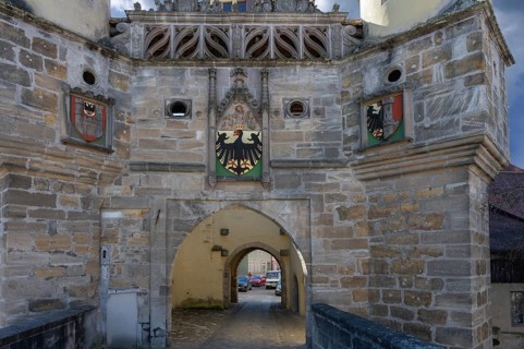 Medieval Elling Tor with imperial coat of arms, Weissenburg, Middle Franconia, Bavaria, Germany,