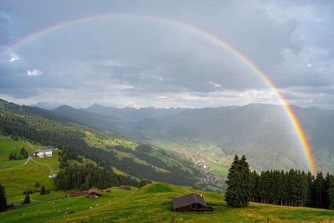 View over the Brixen Valley with rainbow, Hochbrixen, Brixen im Thale, Kitzbühel Alps, Tyrol,