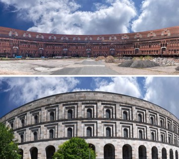 Exterior and interior view of the Congress Hall, unfinished National Socialist monumental building