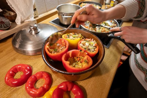 Stuffed peppers with vegetables are prepared in the kitchen, Bavaria, Germany, Europe