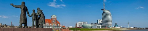 Emigrants' memorial with harbour view Panorama Bremerhaven Germany